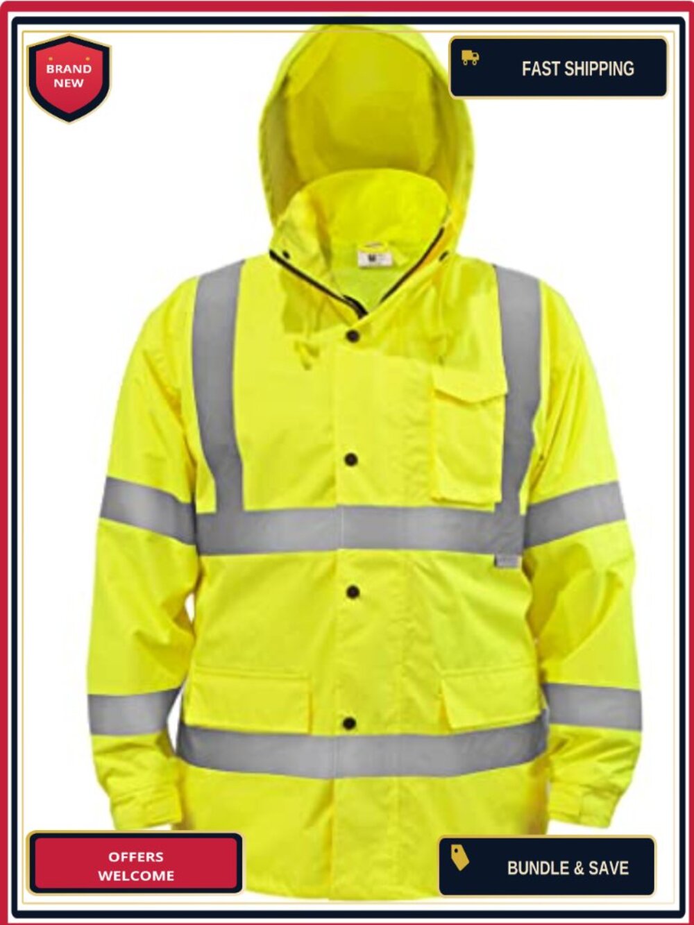 ANSI Class 3 Waterproof PU-Coated High-Vis Rain Jacket Reflective Safety
